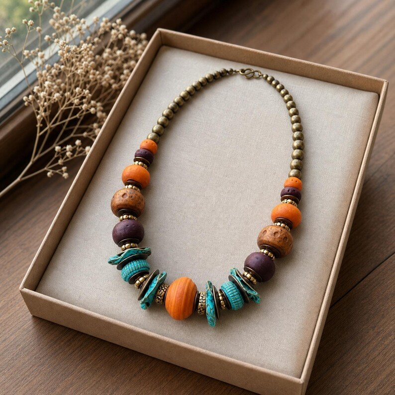 Antique gold tone burnt orange plum and turquoise statement bead necklace worn with an ivory linen top in warm natural window light