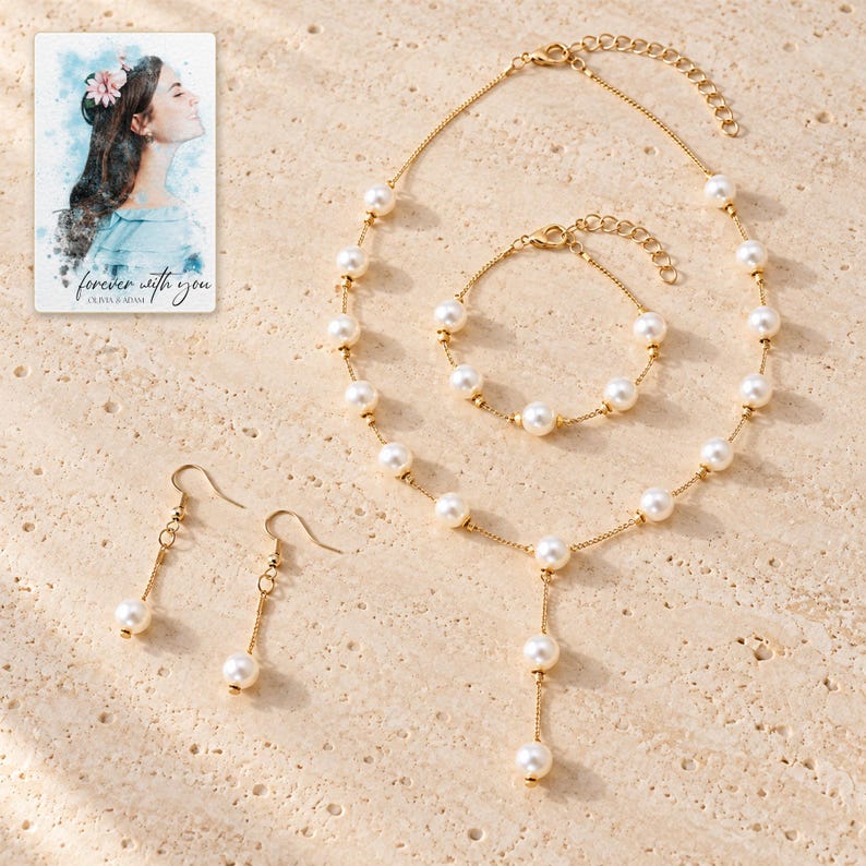 pearl style Occasion Jewelry Set shown as the main Etsy hero photograph with a clear view of the complete design. A personalized digital greeting card is shown alongside.