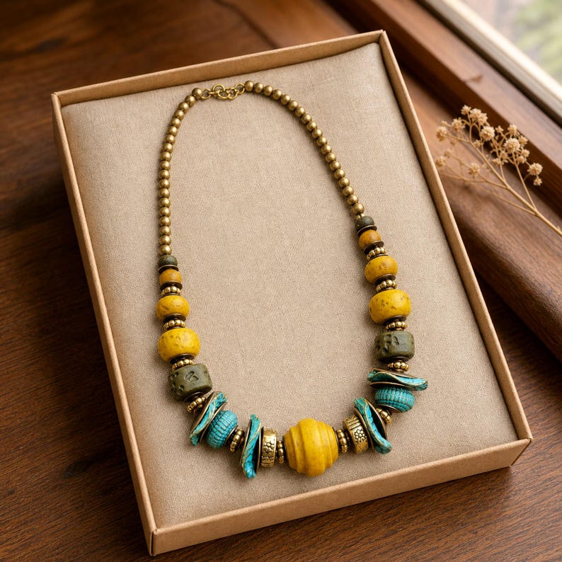 Puede incluir: Un collar de cuentas con una mezcla de cuentas texturizadas redondas en amarillo, verde oliva y azul turquesa, intercaladas con peque&ntilde;as cuentas espaciadoras doradas y un cierre dorado, dispuesto en c&iacute;rculo sobre una base beige.