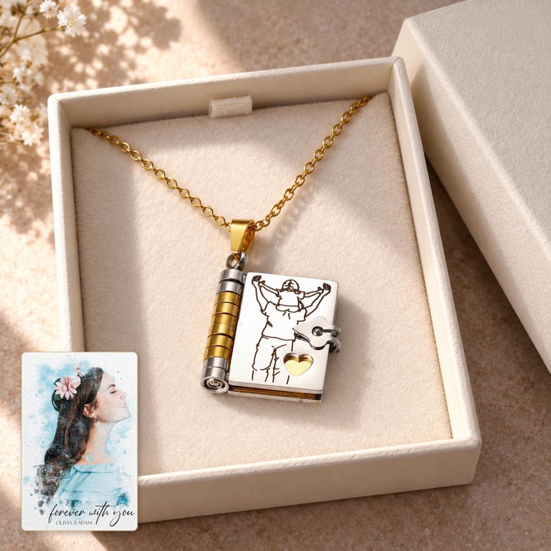 Opening Book Necklace, gift box view. A personalized digital greeting card is shown alongside.