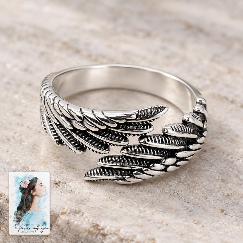 Angel Wings Wrap Ring, close-up of the details. A sample personalized digital greeting card is shown alongside.