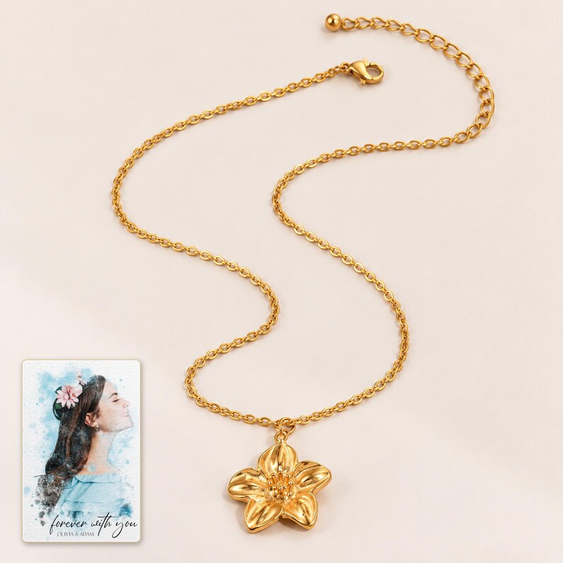 Gold Tone Flower Necklace, shown against a light background. A sample personalized digital greeting card is shown alongside.