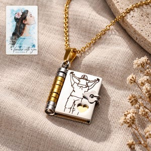 Opening Book Necklace, linen flatlay view. A personalized digital greeting card is shown alongside.