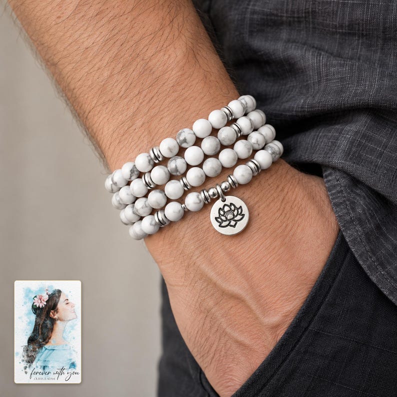 White Bead Wrap Bracelet, worn with daytime clothing. A sample personalized digital greeting card is shown alongside.