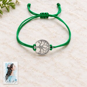 Tree of Life Cord Bracelet, close-up of the details. A sample personalized digital greeting card is shown alongside.