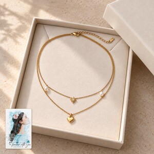 Layered Heart Necklace, displayed in a presentation box. A sample personalized digital greeting card is shown alongside.
