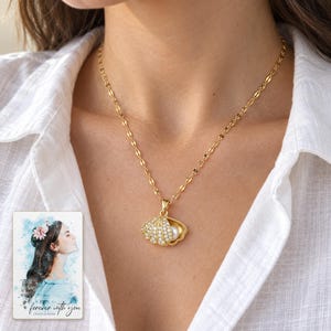 Shell Shaped Necklace, worn lifestyle view. A personalized digital greeting card is shown alongside.