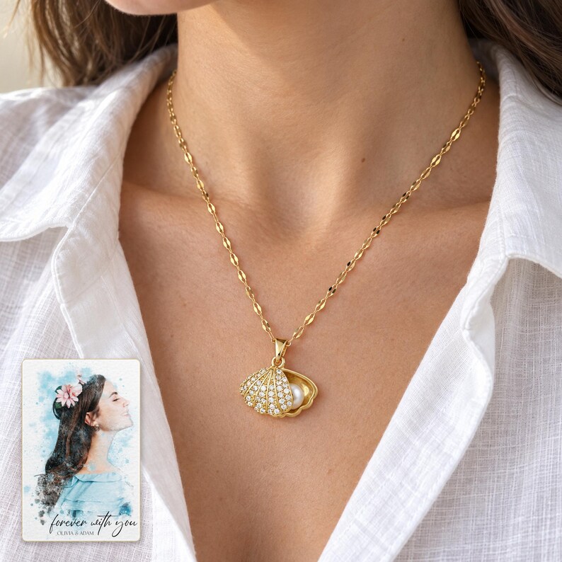 Shell Shaped Necklace, worn lifestyle view. A personalized digital greeting card is shown alongside.