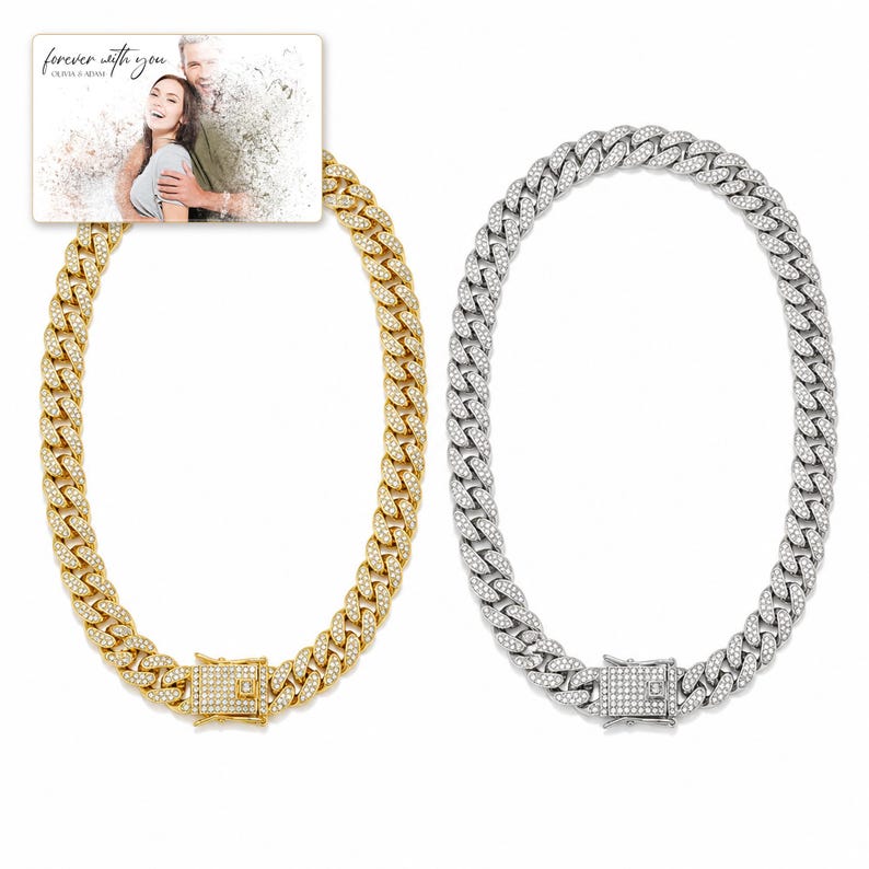 Arc Ice Cuban Necklace shown during a believable gift-giving moment between adults with the exact jewelry visible.