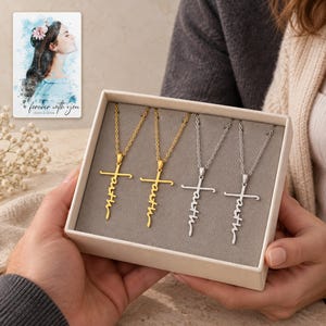 Faith Together Cross Necklace Set shown during a warm gift-receiving moment between adults with the jewelry visible. A personalized digital greeting card is shown alongside.