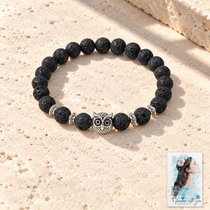 Black Lava Bead Bracelet, shown in natural light. A sample personalized digital greeting card is shown alongside.