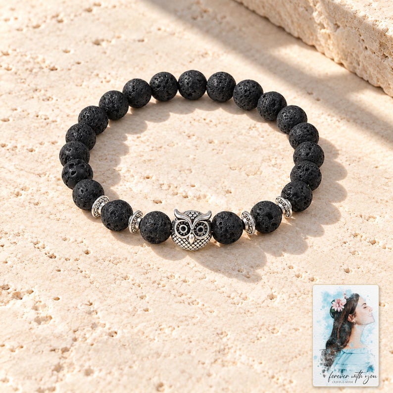 Black Lava Bead Bracelet, shown in natural light. A sample personalized digital greeting card is shown alongside.
