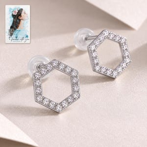 Hexagon Moissanite Stud Earrings, close-up of the details. A sample personalized digital greeting card is shown alongside.