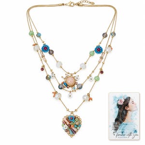 Bohemian Heart Cascade Necklace shown on a clean white catalog background for an unobstructed product view. A personalized digital greeting card is shown alongside.