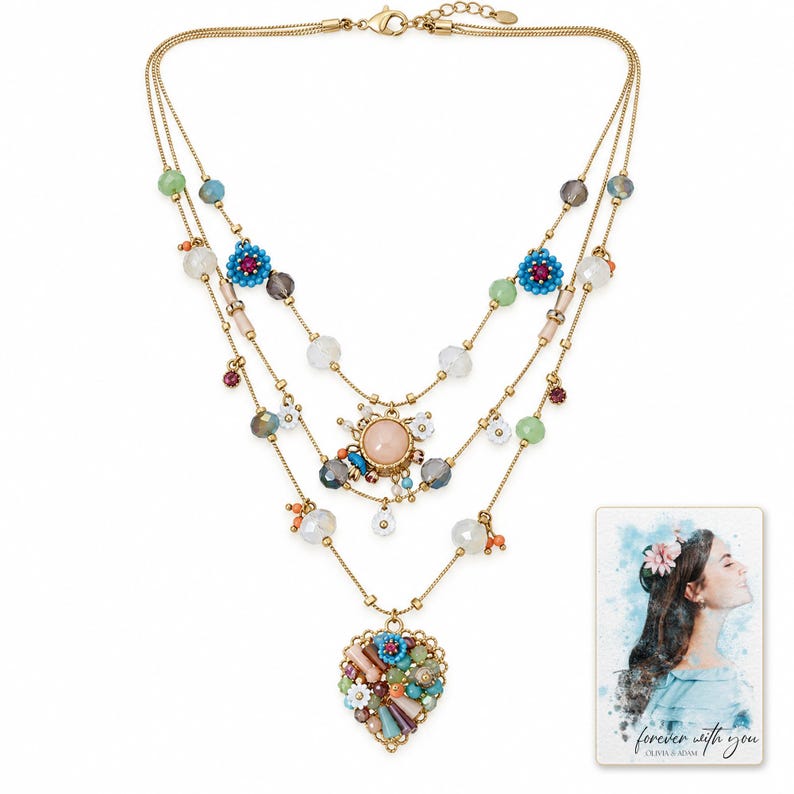 Bohemian Heart Cascade Necklace shown on a clean white catalog background for an unobstructed product view. A personalized digital greeting card is shown alongside.