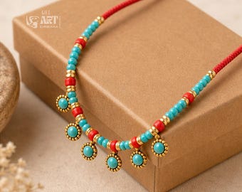 Collana con ciondoli di perline turchesi e rosse, gioielli boho color oro