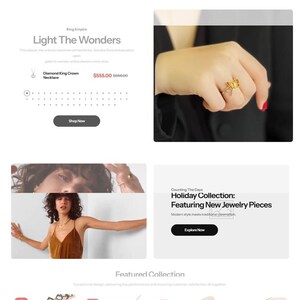 May include: Website featuring jewelry, including necklaces, rings, earrings, and bracelets. The page highlights a 'Best Selling' section with diamond necklaces and a 'Holiday Collection' with new jewelry pieces. The site also promotes free shipping and returns.
