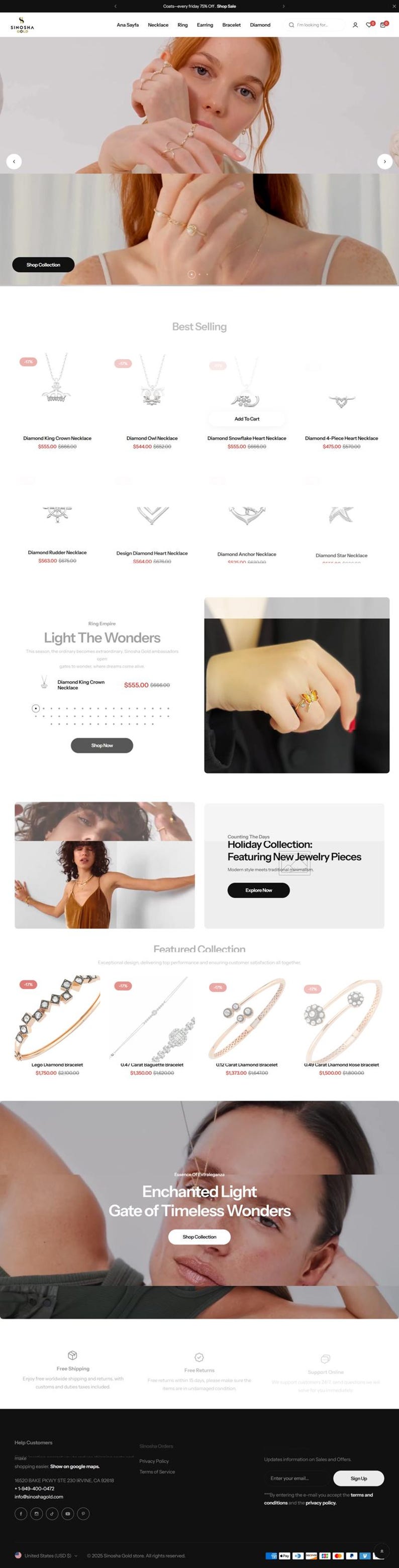May include: Website featuring jewelry, including necklaces, rings, earrings, and bracelets. The page highlights a 'Best Selling' section with diamond necklaces and a 'Holiday Collection' with new jewelry pieces. The site also promotes free shipping and returns.