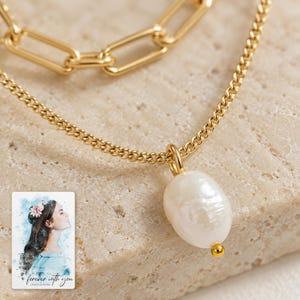 Kona pearl style Layers Necklace shown in a close macro view highlighting the visible texture, texture and construction details. A personalized digital greeting card is shown alongside.