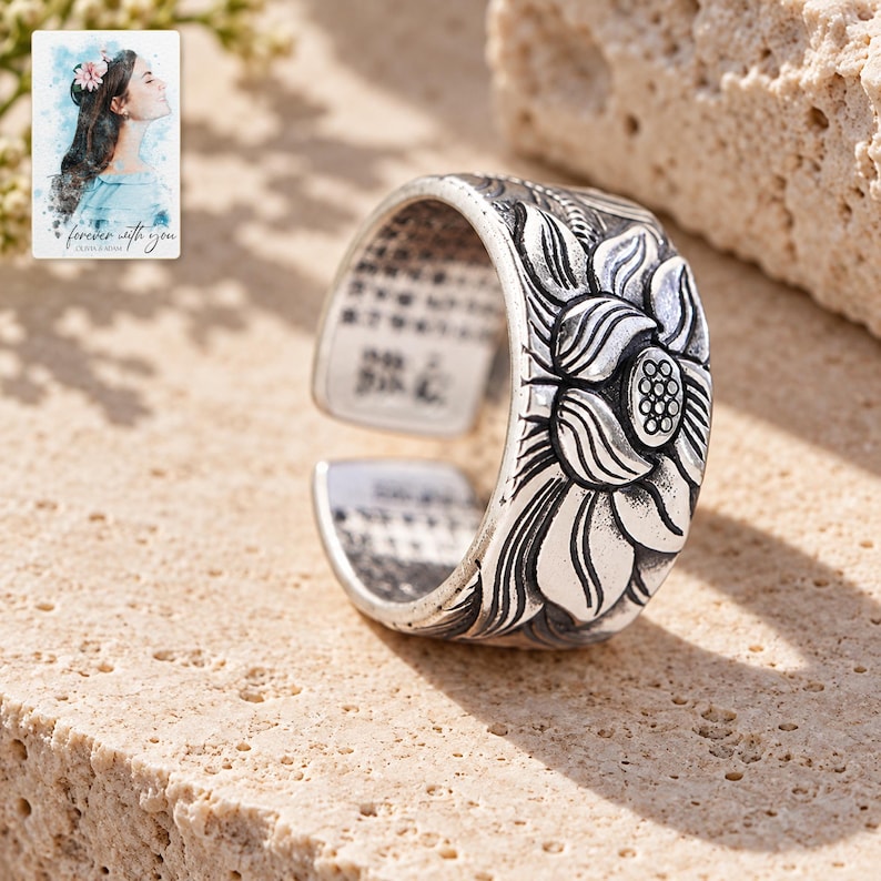 Lotus Flower Open Ring, shown in natural light. A sample personalized digital greeting card is shown alongside.