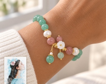 Mint and Pink Beaded Bracelet, Personalise White Flower Charm and Pearl Style Accents