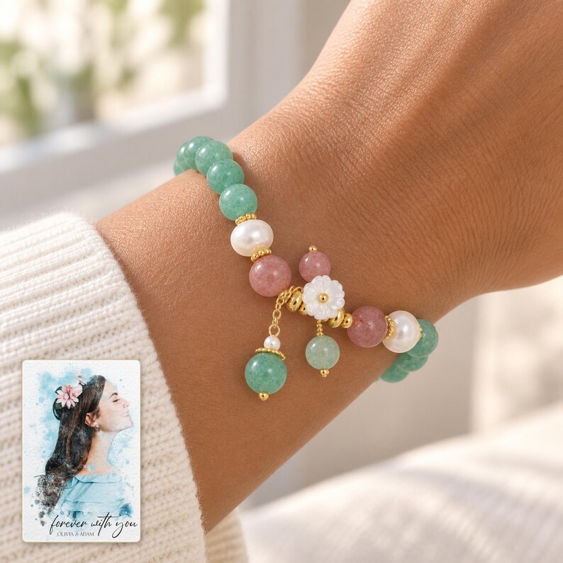 Forest Strawberry clear accents Bracelet worn by an adult model for styling and everyday styling. A personalized digital greeting card is shown alongside.