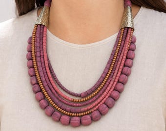 Dusty Rose Pink Multi-Strand Beaded Necklace, Boho Statement