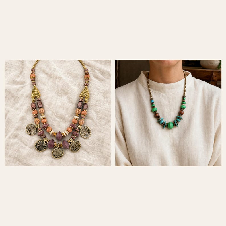 Puede incluir: Un collar de dos hileras con cuentas marrones, beige y moradas con detalles met&aacute;licos dorados y dijes circulares, junto a un segundo collar compuesto por cuentas verdes, turquesas y marrones en una cadena dorada con cierre.