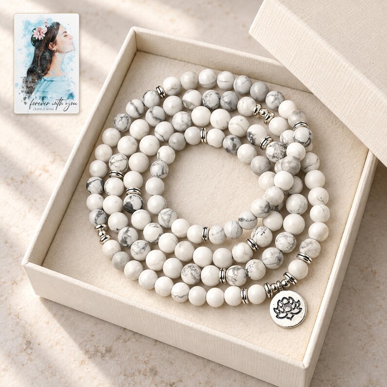 White Bead Wrap Bracelet, displayed in a presentation box. A sample personalized digital greeting card is shown alongside.