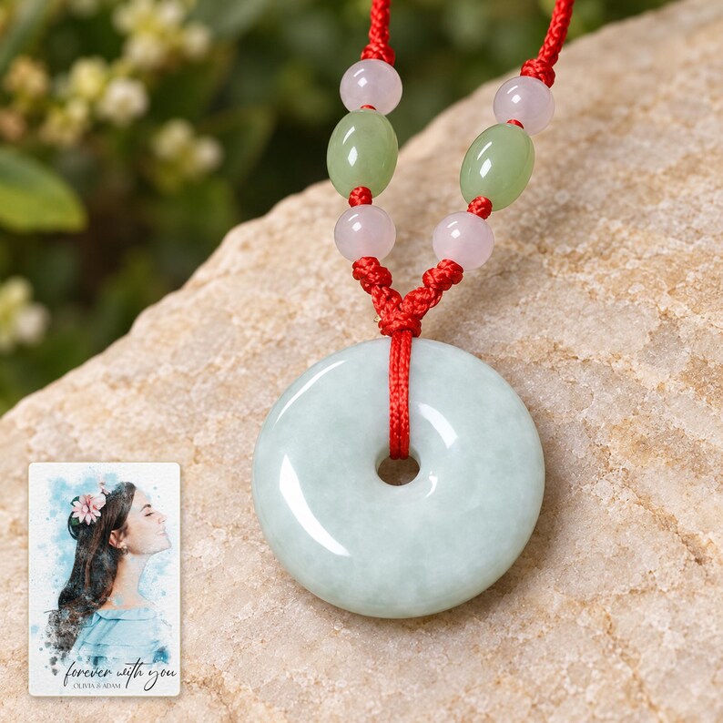 Peace Circle Green Cord Necklace shown as the main Etsy hero photograph with a clear view of the complete design. A personalized digital greeting card is shown alongside.