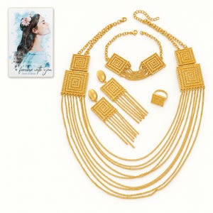 Golden Tassel Jewelry Suite shown on a clean white catalog background for an unobstructed product view. A personalized digital greeting card is shown alongside.