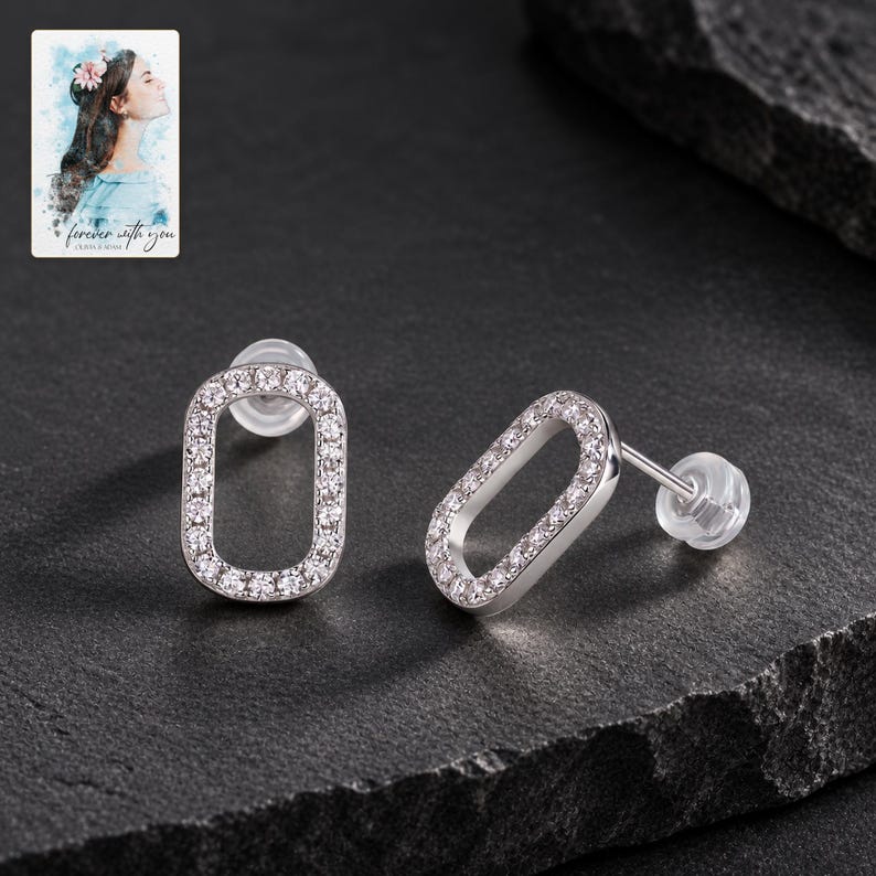 Rounded Rectangle Stud Earrings, shown against a dark background. A sample personalized digital greeting card is shown alongside.