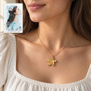 Gold Tone Flower Necklace, worn by an adult. A sample personalized digital greeting card is shown alongside.