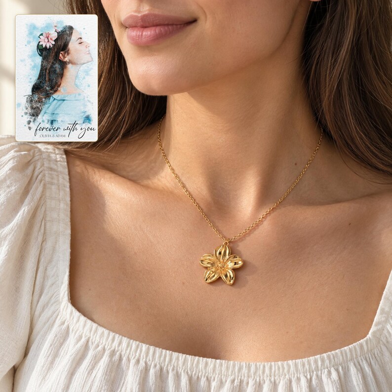 Gold Tone Flower Necklace, worn by an adult. A sample personalized digital greeting card is shown alongside.