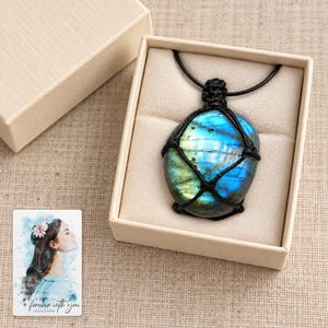 Labradorite Pendant Necklace, gift box view. A personalized digital greeting card is shown alongside.