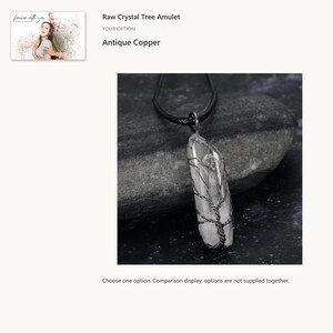 Antique copper tone. Tree Wire Pendant Necklace. A personalized digital greeting card is shown. Select the pictured option when ordering.