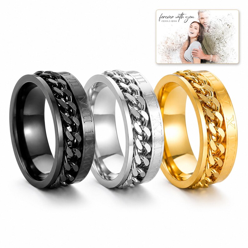 CipherSpin Roman Chain Ring shown during a believable gift-giving moment between adults with the exact jewelry visible.