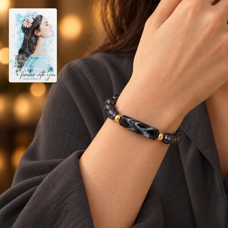 Midnight Marble Bar Bracelet worn by an adult in a polished evening lifestyle scene. A personalized digital greeting card is shown alongside.
