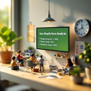 May include: A miniature office scene with a green screen displaying "Your Shopify Store, Ready in:" and service details. Small figures are working at desks. A clock and a hanging lamp are also visible.