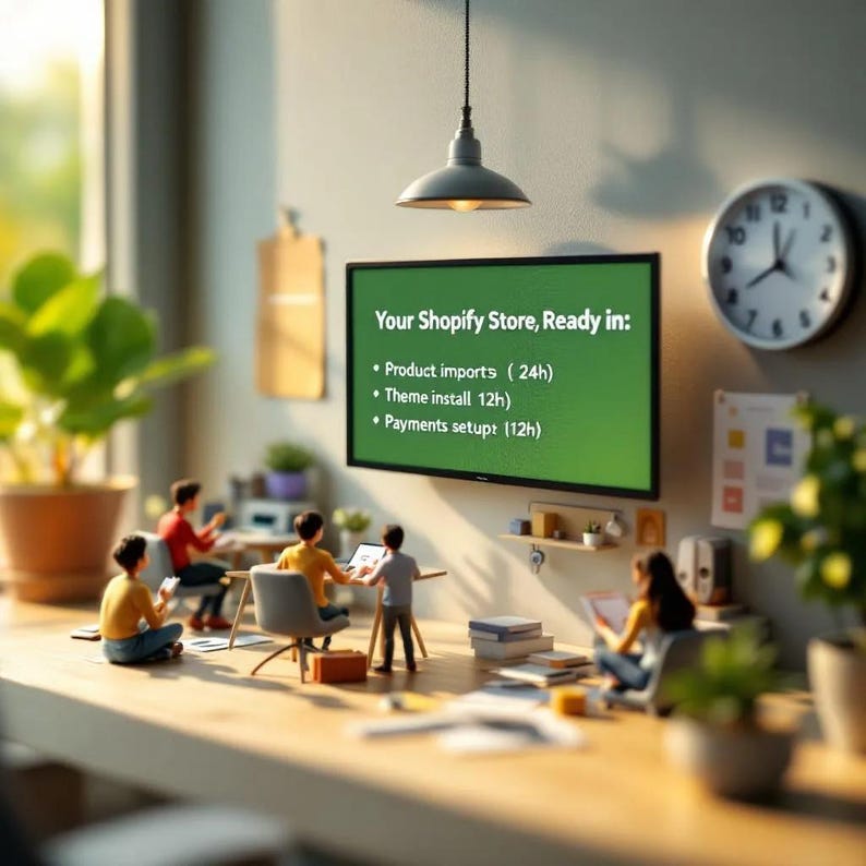 May include: A miniature office scene with a green screen displaying "Your Shopify Store, Ready in:" and service details. Small figures are working at desks. A clock and a hanging lamp are also visible.