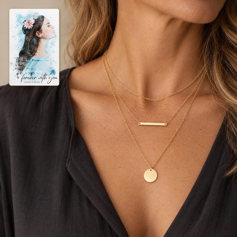 Adult woman wearing the gold-tone plain chain, slim bar and smooth disc necklaces with a charcoal blouse. A personalized digital greeting card is shown alongside.