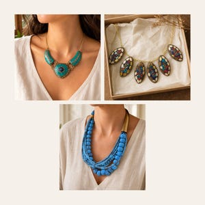 May include: A collection of three necklaces: one featuring turquoise-colored stones in a gold-tone setting, another with five oval pendants containing multi-colored mosaic inlays on a gold chain, and a third with multiple strands of blue beads.