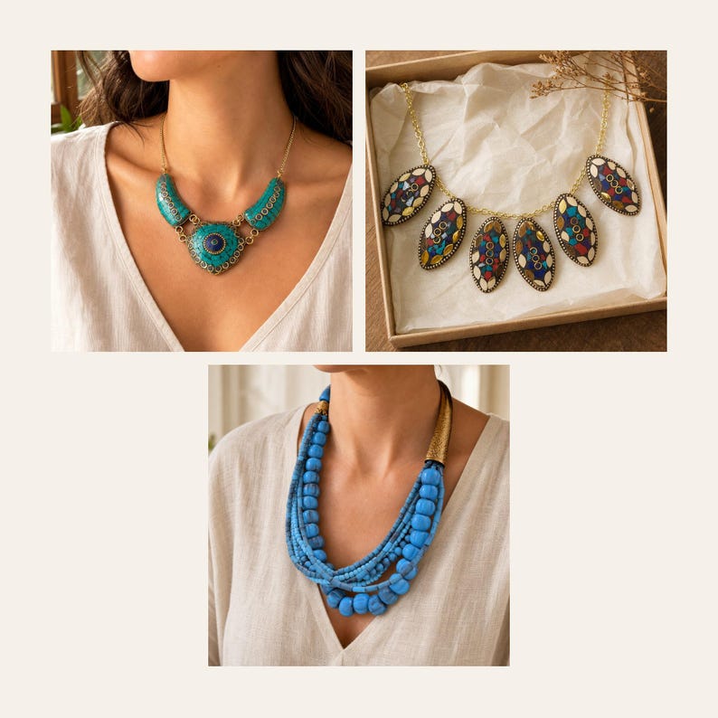 May include: A collection of three necklaces: one featuring turquoise-colored stones in a gold-tone setting, another with five oval pendants containing multi-colored mosaic inlays on a gold chain, and a third with multiple strands of blue beads.