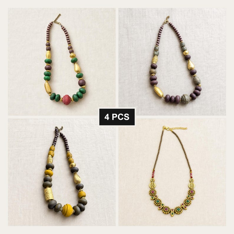 Orange turquoise and brown statement beaded necklace from the colorful four piece jewelry gift set