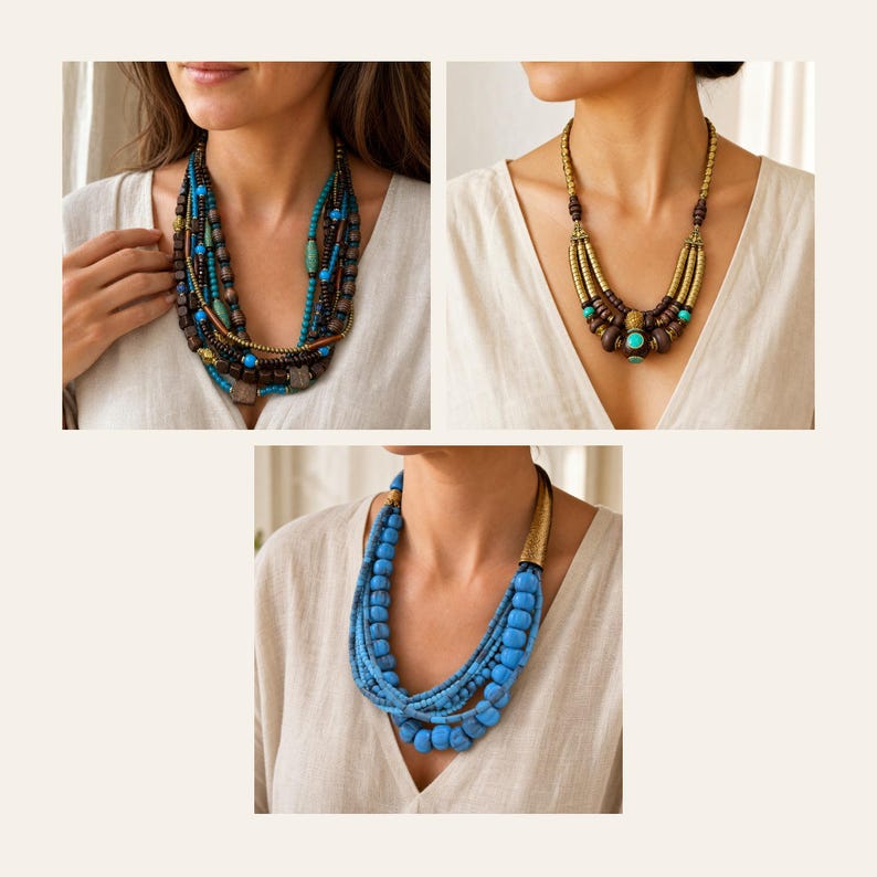 May include: Three multi-strand necklaces featuring a variety of beads. The first is a layered necklace with brown and turquoise beads. The second is a gold-toned metal necklace with brown and turquoise accents. The third is a blue beaded necklace.