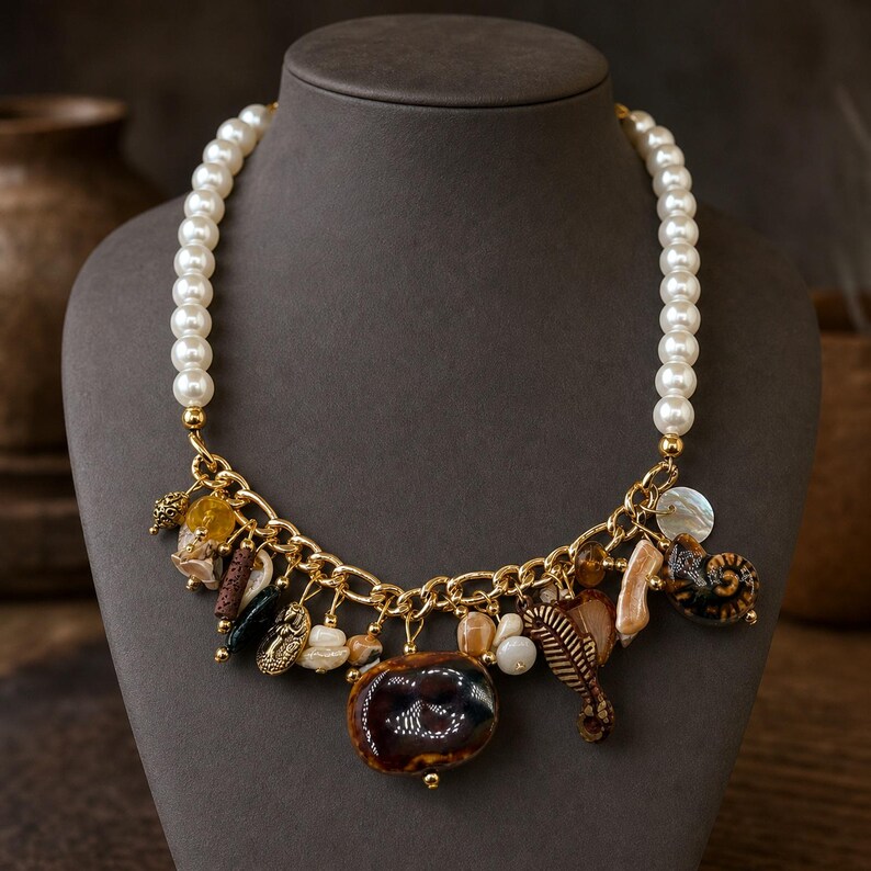 Silver and Bronze Statement Beaded Necklace shown individually as a coordinating option for the mix and match necklace set