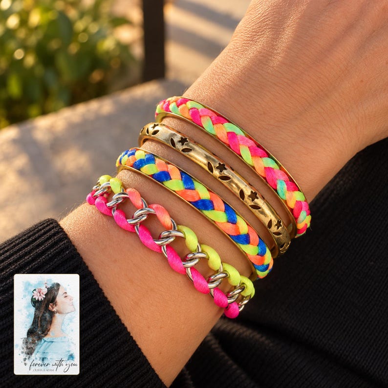 Colorful Woven Bracelet Set, worn with evening clothing. A sample personalized digital greeting card is shown alongside.