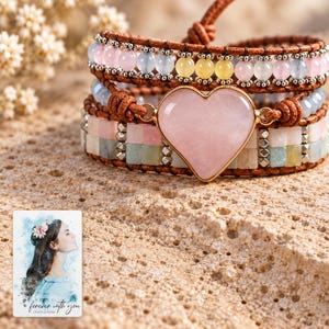 Pastel Heart Wrap Bracelet shown in a close macro view highlighting the visible texture, texture and construction details. A personalized digital greeting card is shown alongside.
