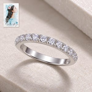 Moissanite Half Eternity Ring, close-up of the details. A sample personalized digital greeting card is shown alongside.