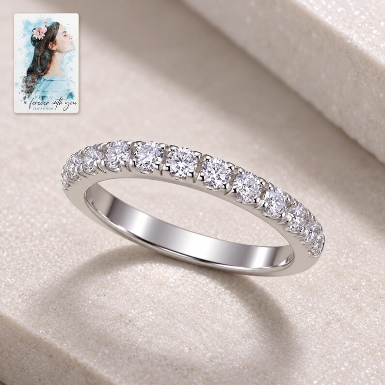 Moissanite Half Eternity Ring, close-up of the details. A sample personalized digital greeting card is shown alongside.